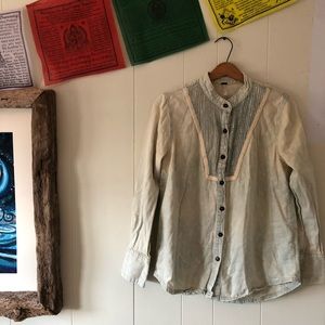 Vintage denim, high neck, collarless, button down